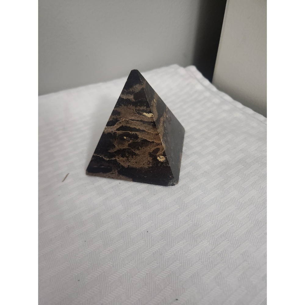 Black and Brown Marbled Stone Pyramid Paperweight Polished Desk Decor